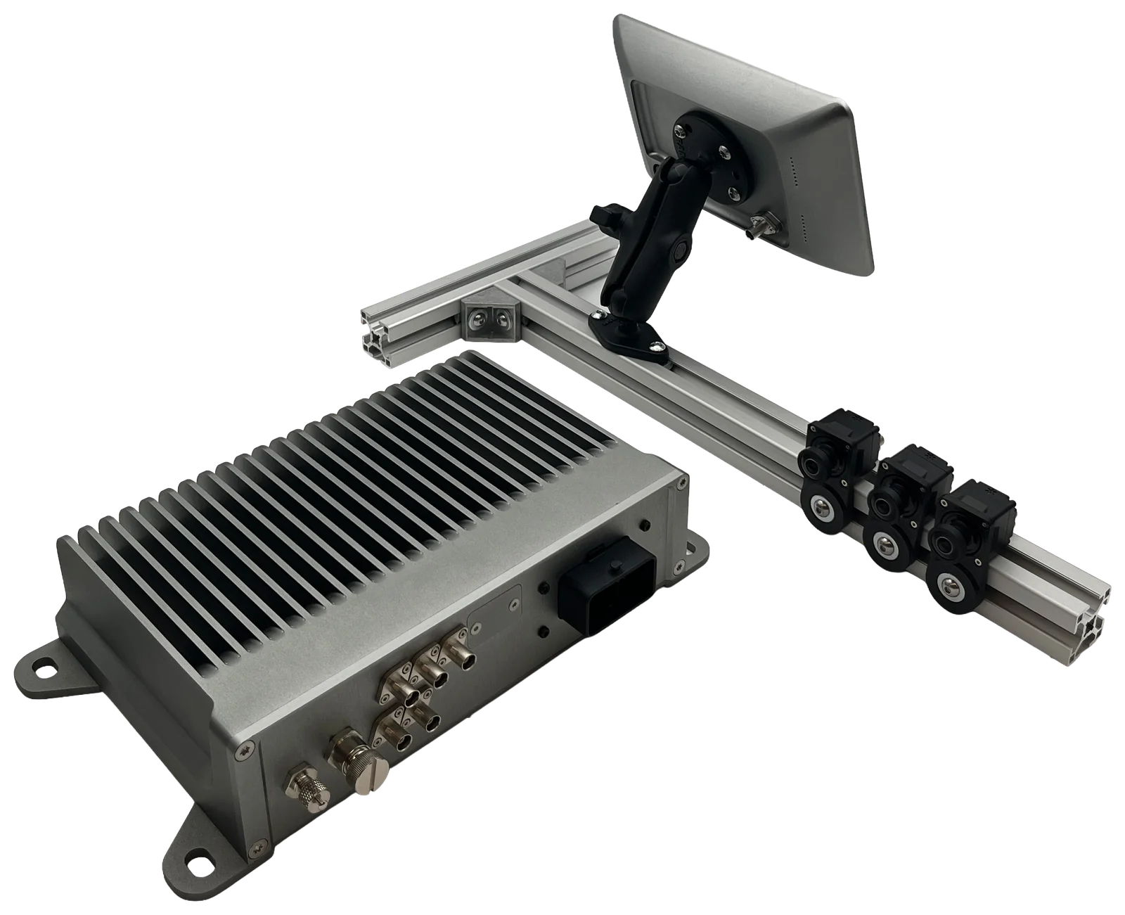 Full Blox_V AI-vision kit: processor box, touch display and three cameras on a mounting rail