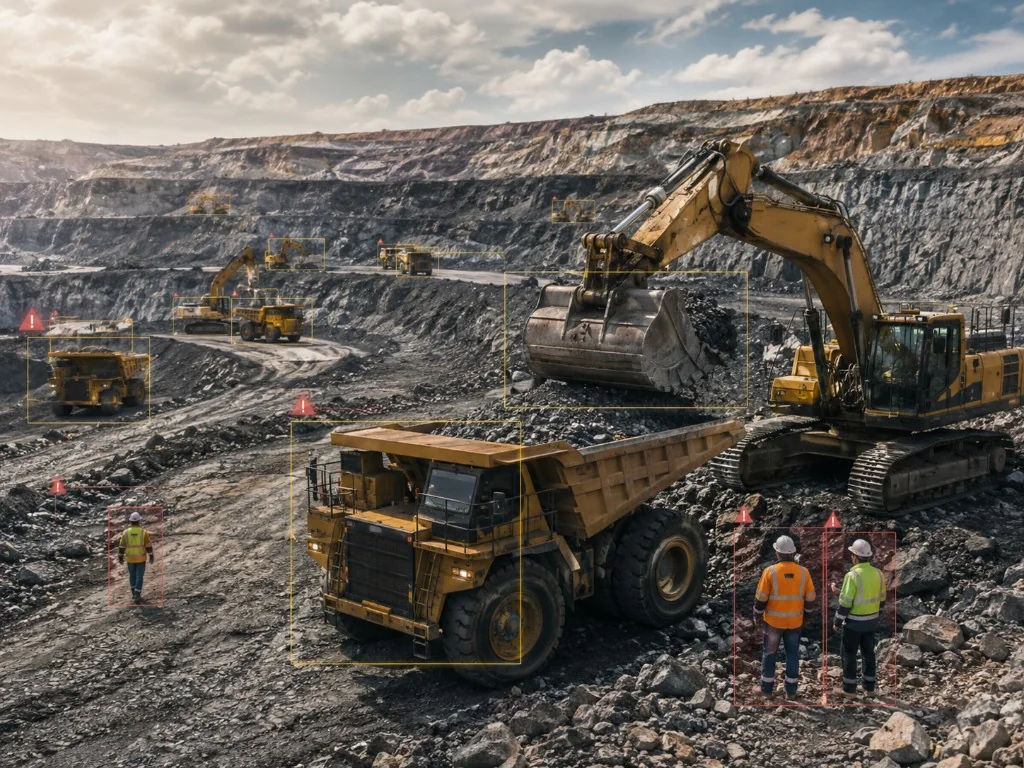 Mining dump truck and excavator on a mining site monitored by edge AI hazard detection