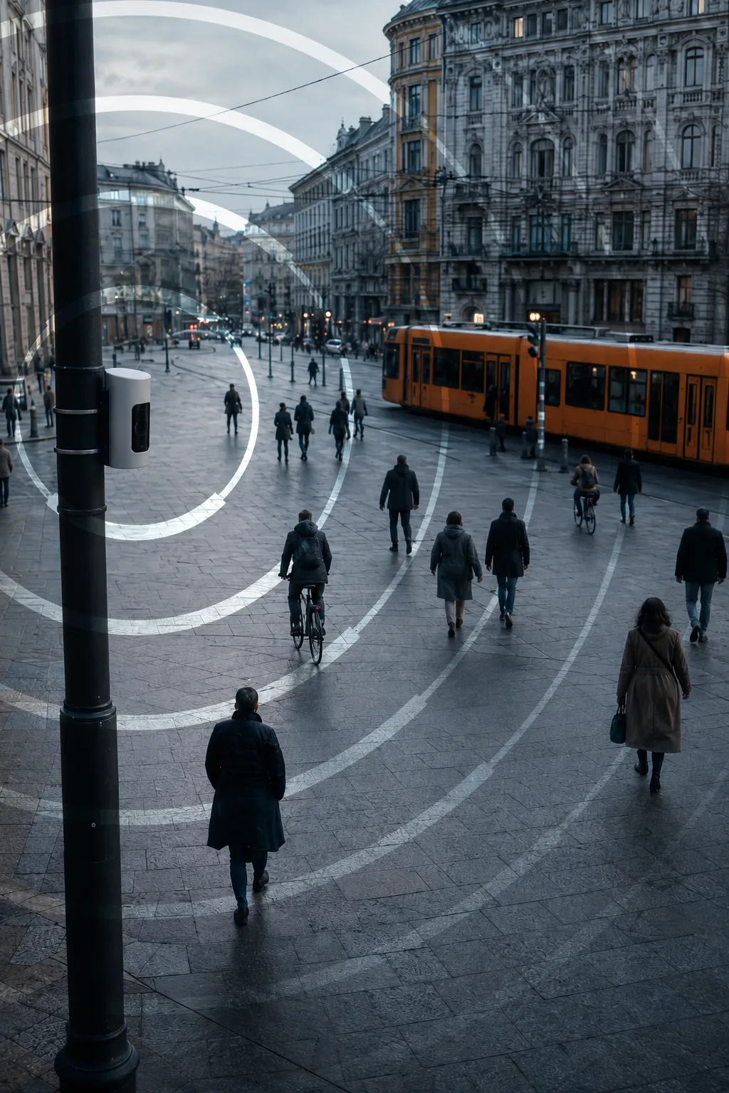 Edge AI camera on a lamppost anonymously mapping pedestrian and traffic flows on a European city square