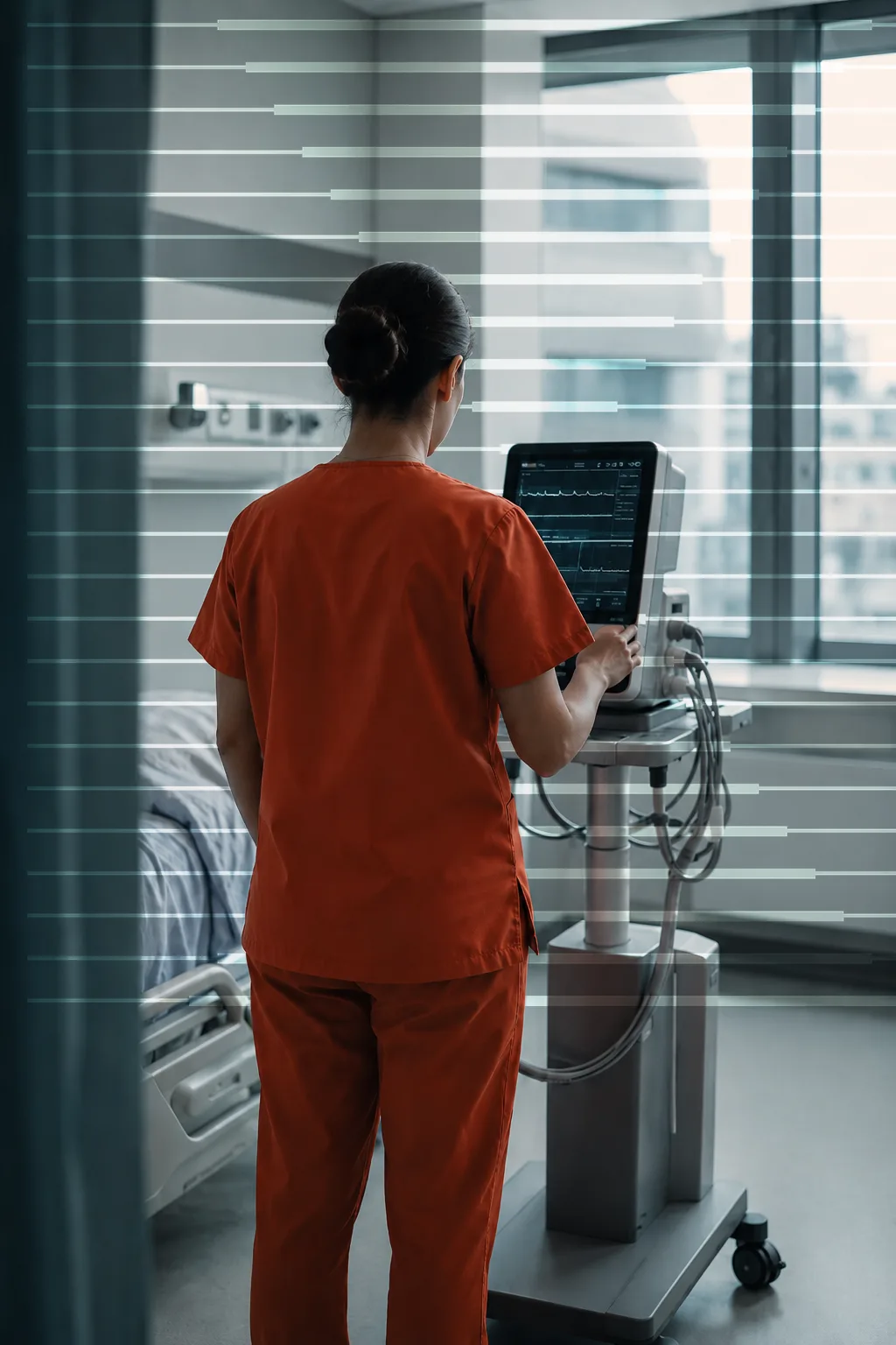 Nurse operating a patient monitoring device that analyses vital signs on-device with edge AI
